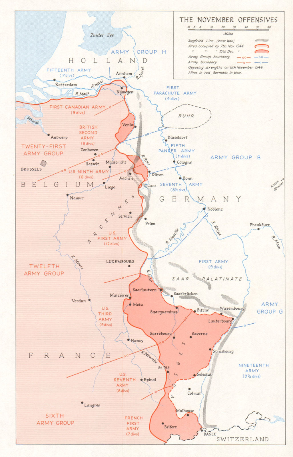 Allies November Offensives, November 1944. France Netherlands Germany 1968 map